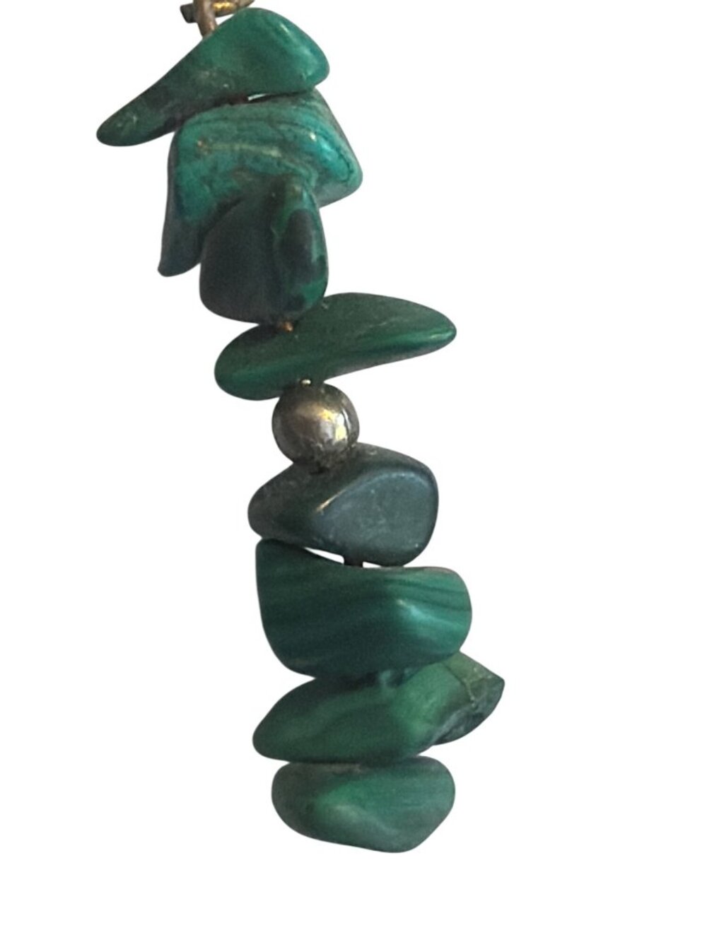 Malachite Chip Beaded Dangle Earrings Silver Tone Hooks 2" Long Natural - Picture 2 of 5